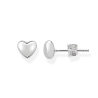mega puff heart earrings in sterling silver made for children's ears. front and size view